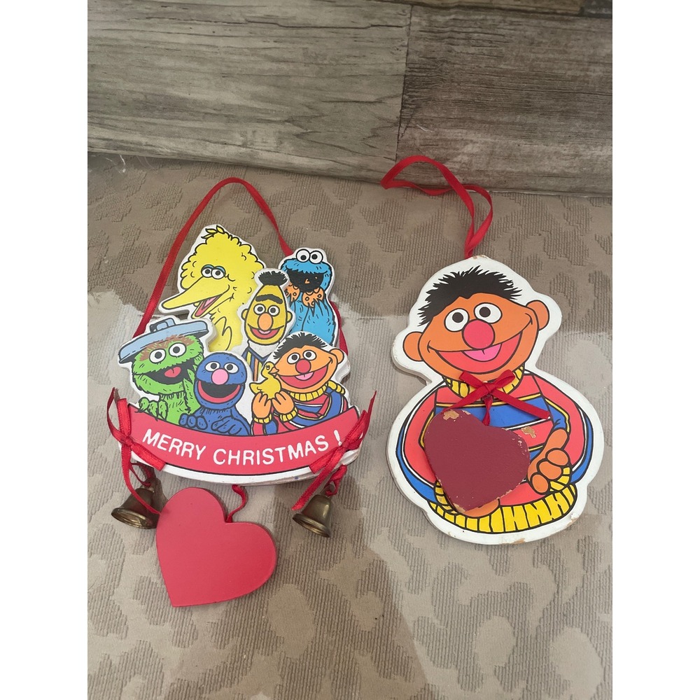 Vintage Sesame Street Christmas Ornaments Jim Henson Wood Ernie Big Bird 2pc Set